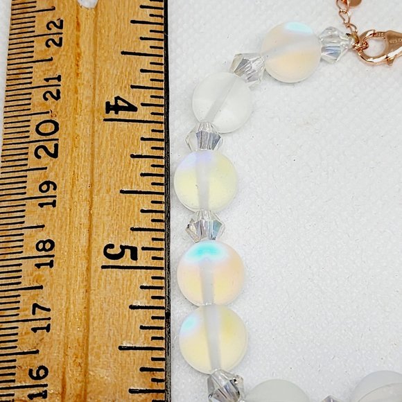 White Aurora Borealis Glass and White Glass Beaded Bracelet in 14K RG Over 925SS - Picture 3 of 6